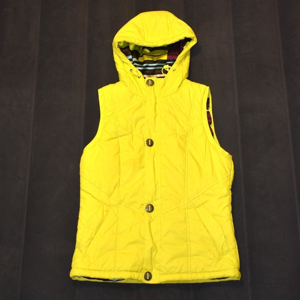 Burton Dryride Puffer Vest Womens Medium Yellow Excellent Hooded Quilted Striped